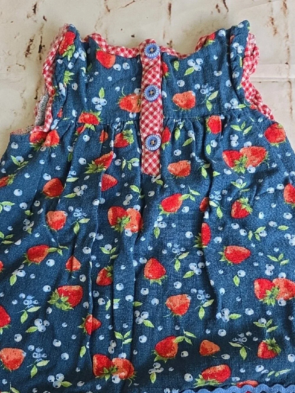 Blue Strawberry Print Toddler Dress with Red Gingham Trim
